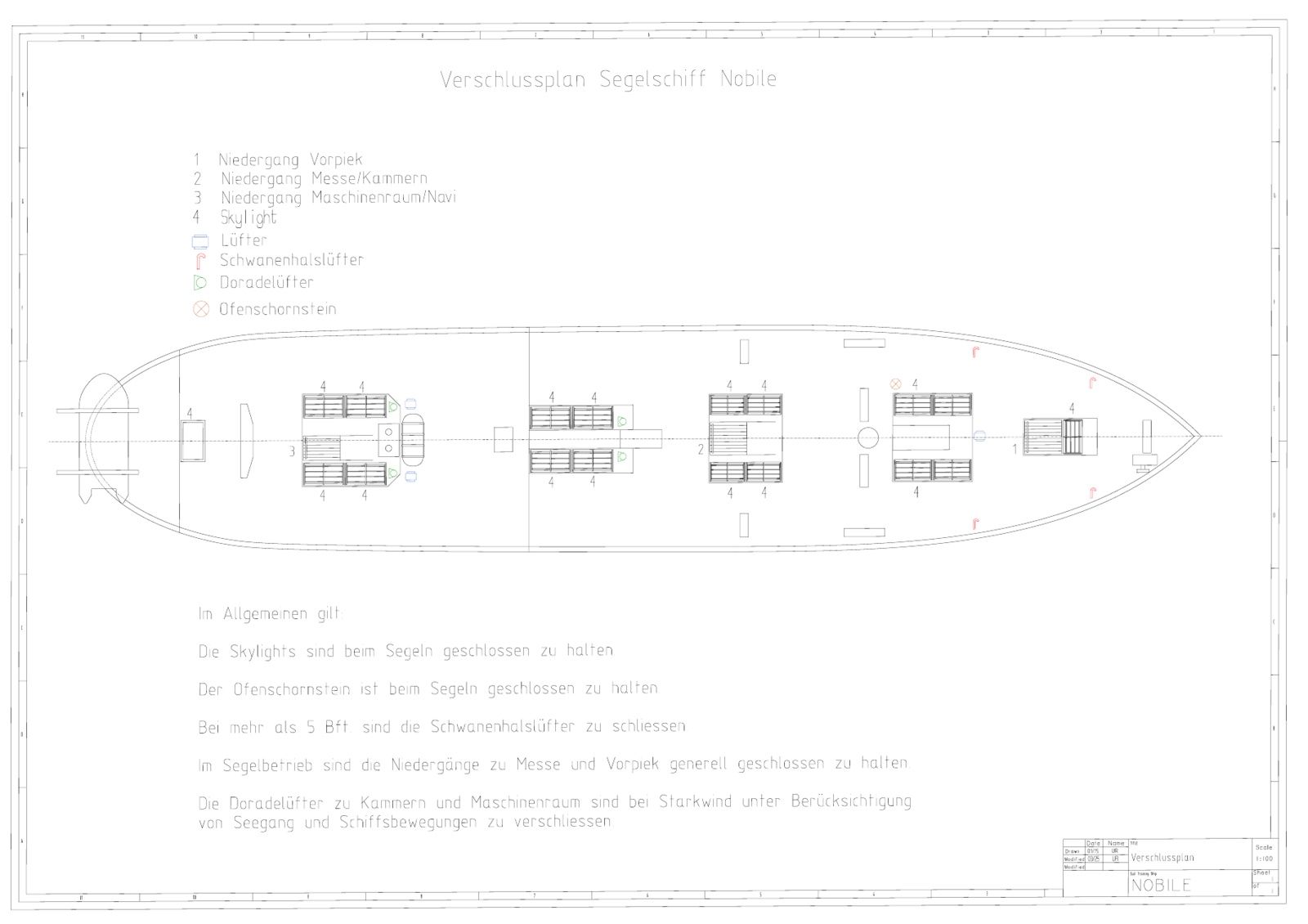 Verschlussplan des Segelschiffs Nobile: Deckplan mit nummerierten Niedergängen und Skylights, Lüftern und Ofenschornstein samt Legende